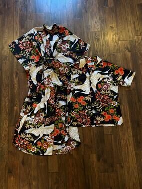 Vintage Aloha Honeymoon Shirt & Caftan Set 1960s Hawaiian Palm Sand Pebble MED